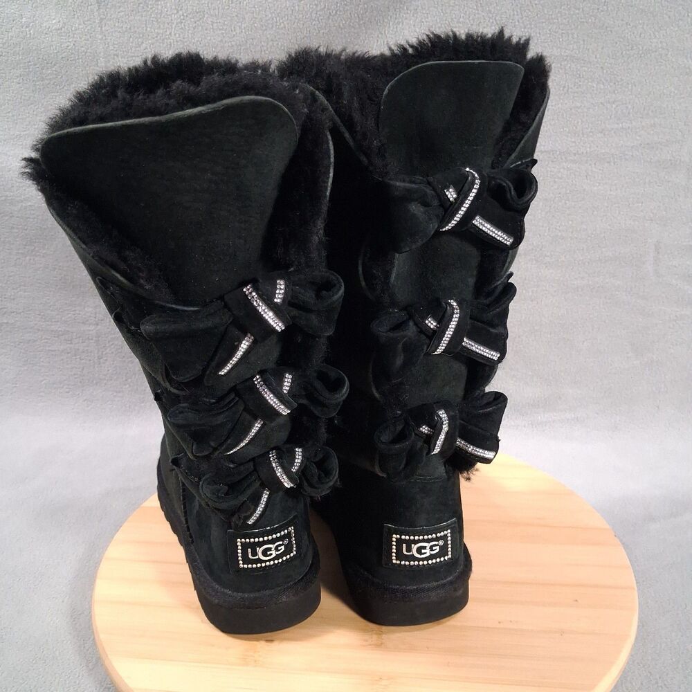 UGG Amelie Swarovski Crystal Triple Bow Womens Size 5 Tall Boots Black 1008148